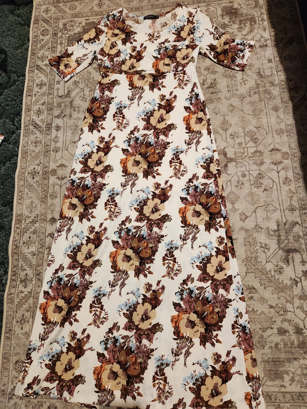 Mikarose Cream Maxi Dress with Brown, Tan and Light Blue Floral Print